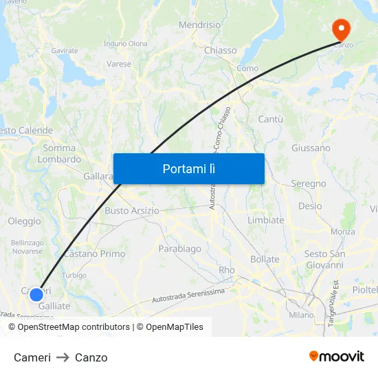 Cameri to Canzo map
