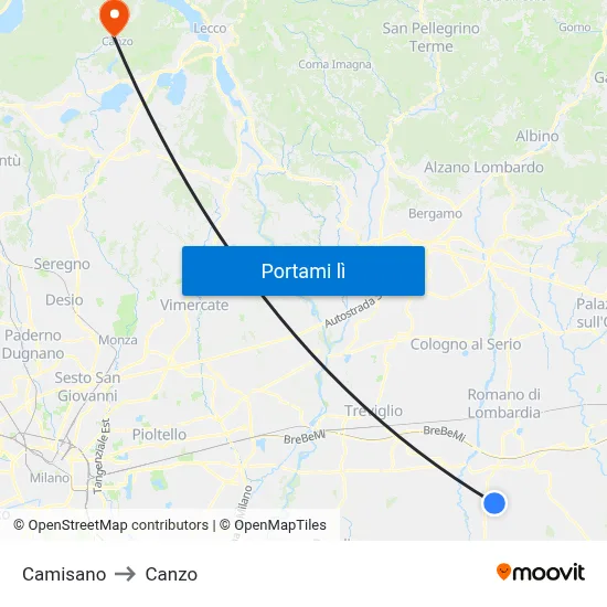 Camisano to Canzo map