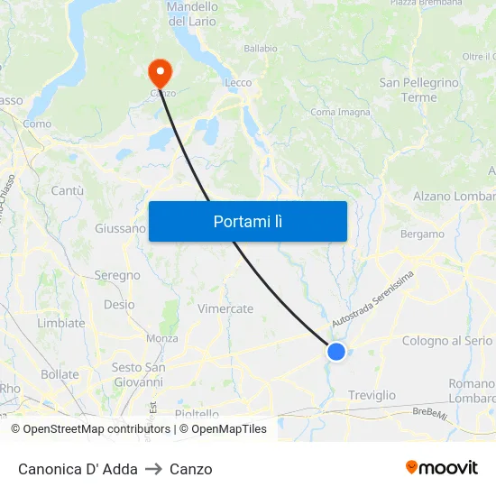 Canonica D' Adda to Canzo map