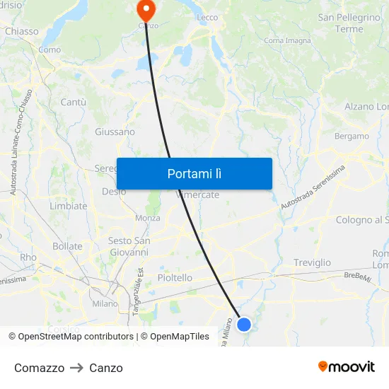 Comazzo to Canzo map