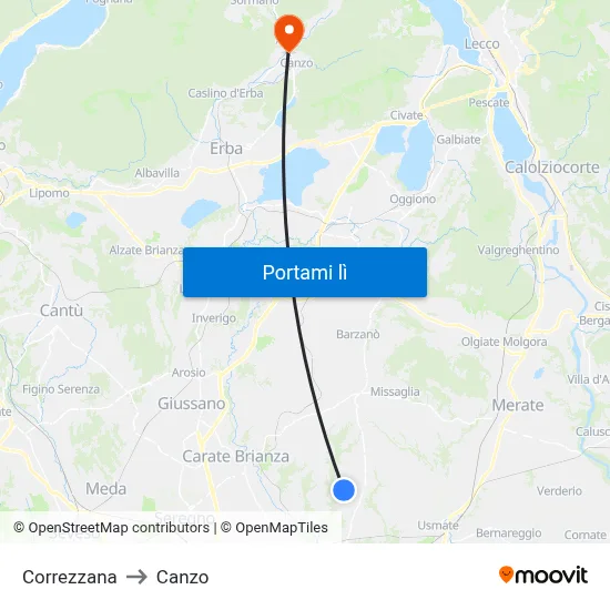 Correzzana to Canzo map