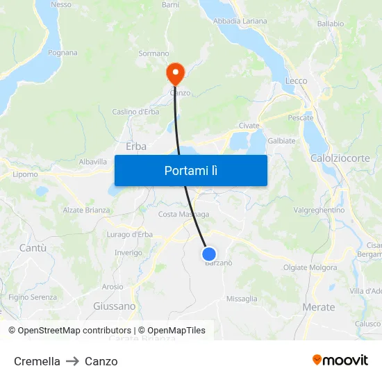 Cremella to Canzo map