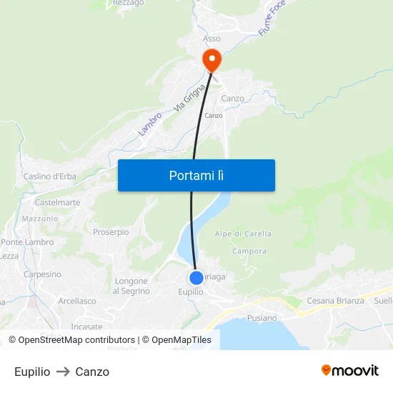 Eupilio to Canzo map