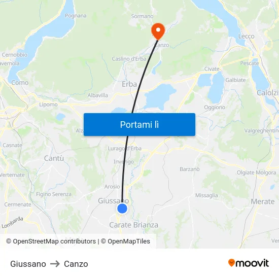 Giussano to Canzo map