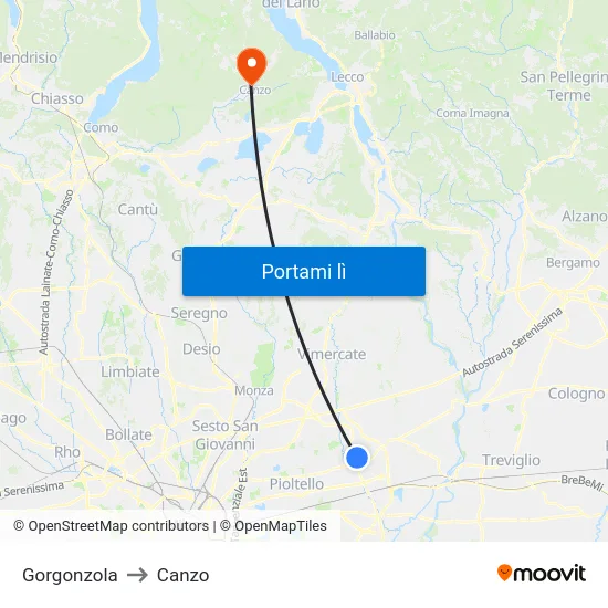 Gorgonzola to Canzo map