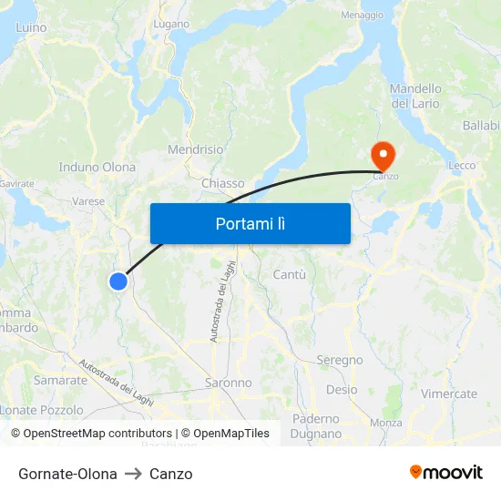 Gornate-Olona to Canzo map