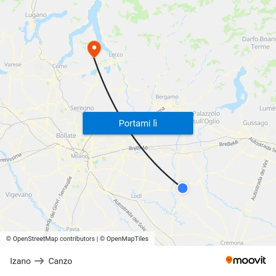 Izano to Canzo map