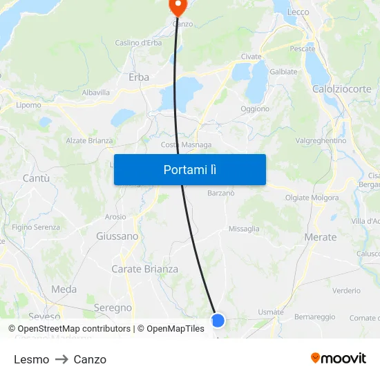 Lesmo to Canzo map