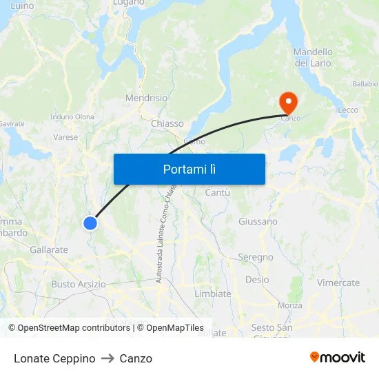 Lonate Ceppino to Canzo map