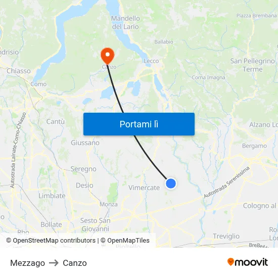 Mezzago to Canzo map