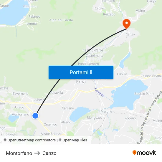 Montorfano to Canzo map