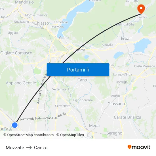 Mozzate to Canzo map