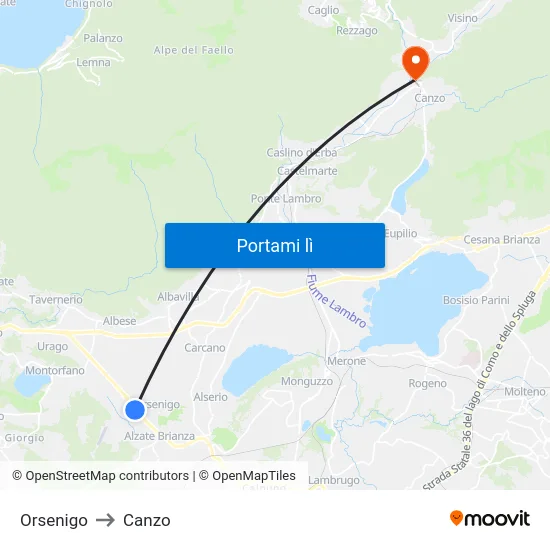 Orsenigo to Canzo map