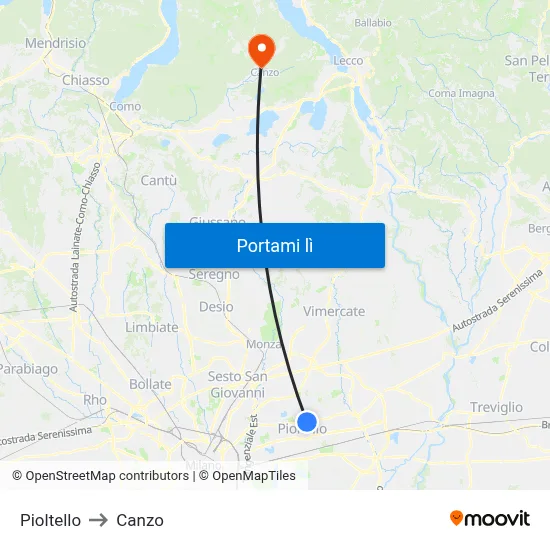 Pioltello to Canzo map