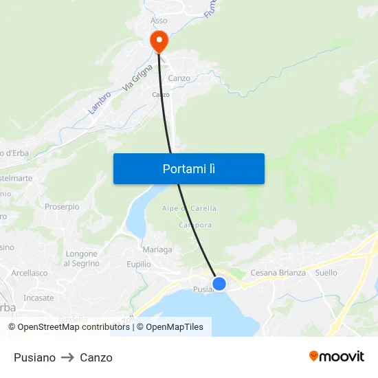 Pusiano to Canzo map