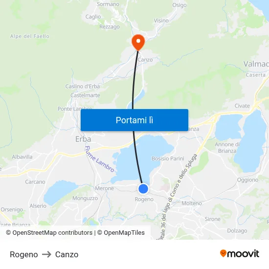 Rogeno to Canzo map