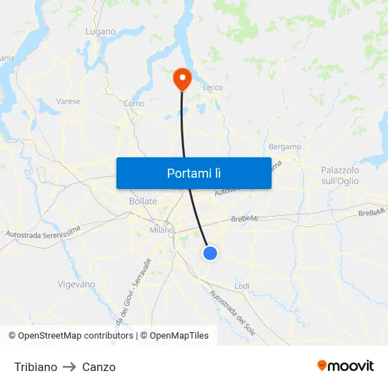 Tribiano to Canzo map
