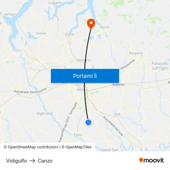 Vidigulfo to Canzo map