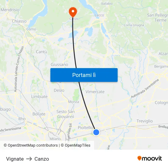 Vignate to Canzo map