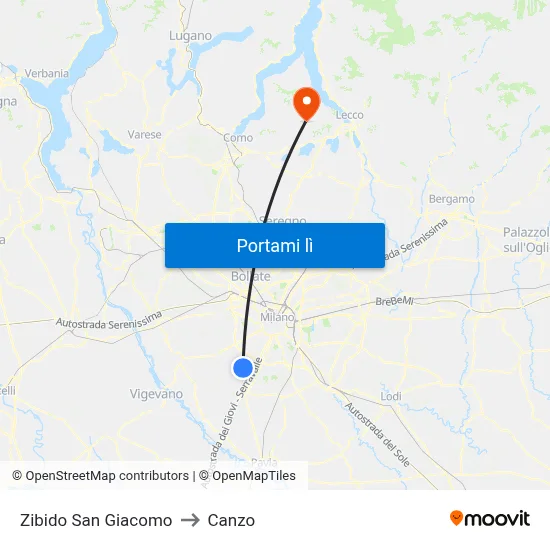 Zibido San Giacomo to Canzo map