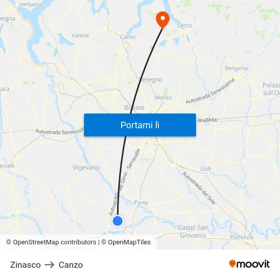 Zinasco to Canzo map