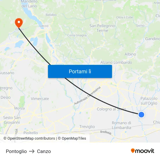 Pontoglio to Canzo map