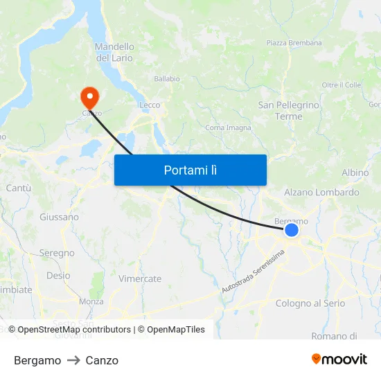 Bergamo to Canzo map