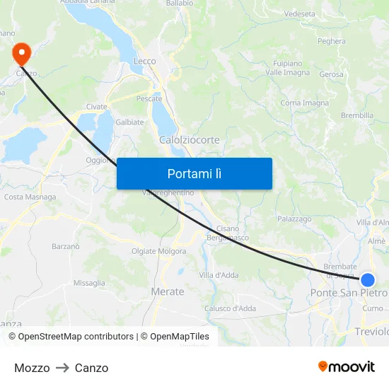 Mozzo to Canzo map