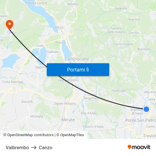 Valbrembo to Canzo map