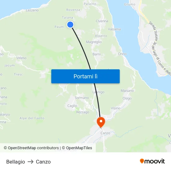 Bellagio to Canzo map