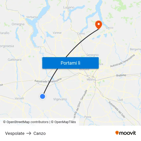 Vespolate to Canzo map