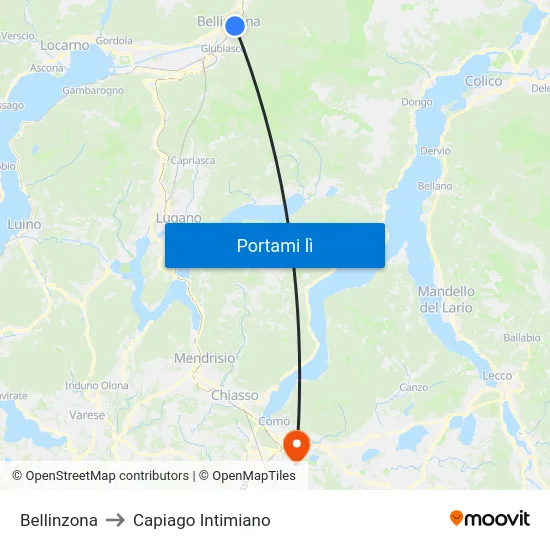 Bellinzona to Capiago Intimiano map