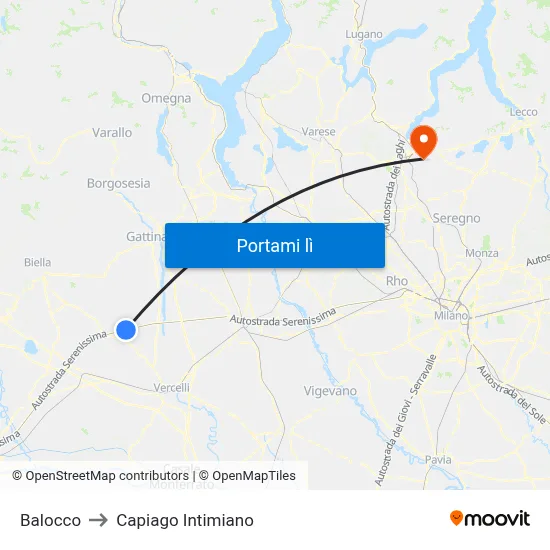 Balocco to Capiago Intimiano map