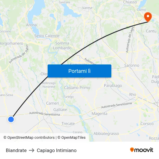 Biandrate to Capiago Intimiano map