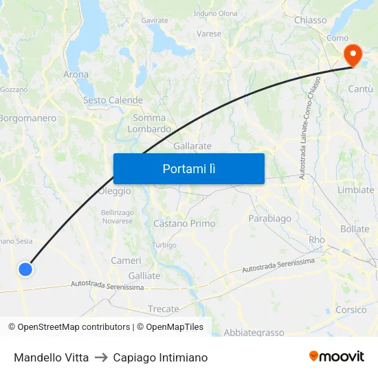 Mandello Vitta to Capiago Intimiano map