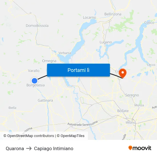 Quarona to Capiago Intimiano map