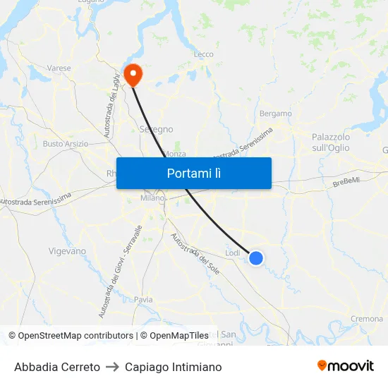 Abbadia Cerreto to Capiago Intimiano map