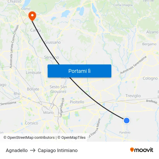 Agnadello to Capiago Intimiano map