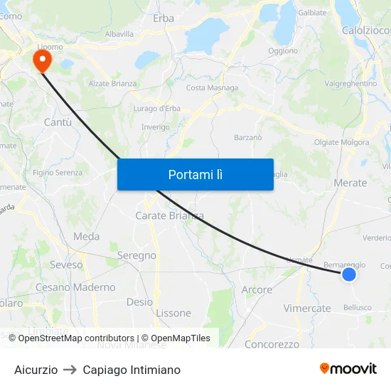 Aicurzio to Capiago Intimiano map