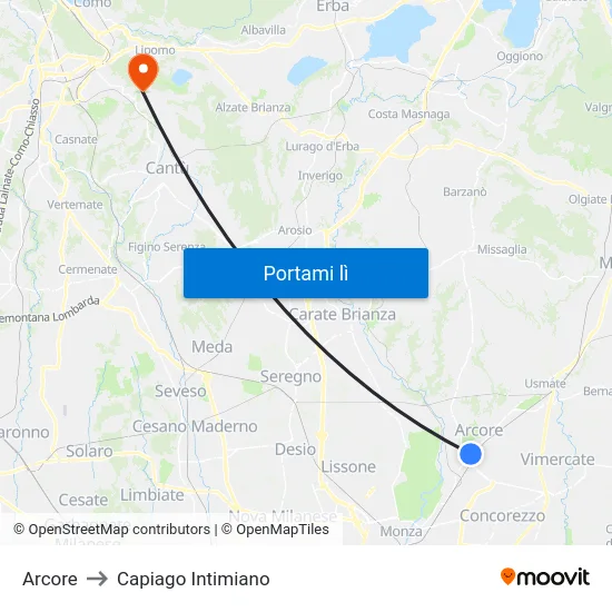 Arcore to Capiago Intimiano map