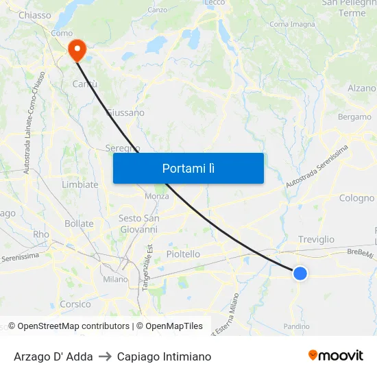 Arzago D' Adda to Capiago Intimiano map