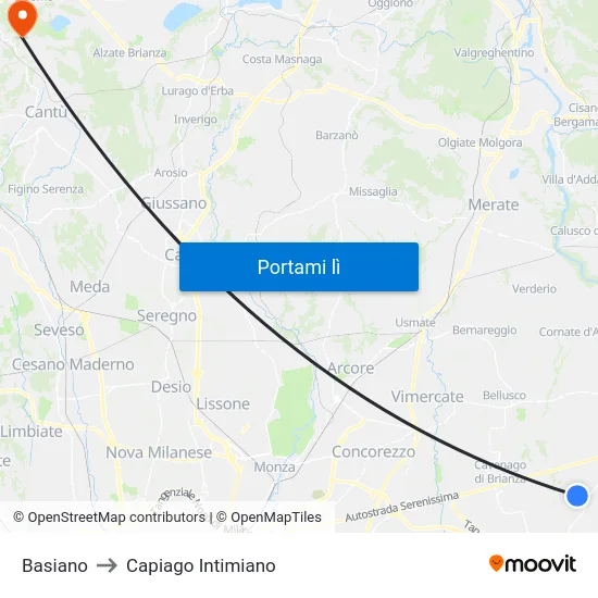Basiano to Capiago Intimiano map