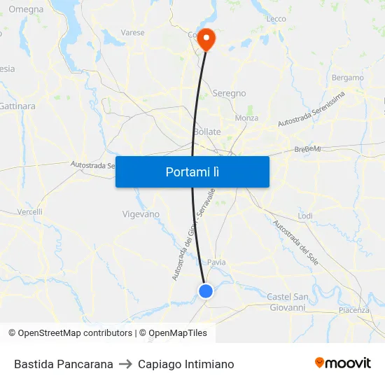 Bastida Pancarana to Capiago Intimiano map