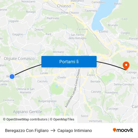 Beregazzo Con Figliaro to Capiago Intimiano map