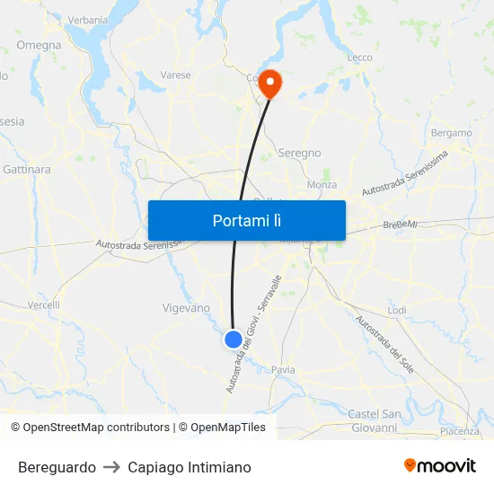 Bereguardo to Capiago Intimiano map