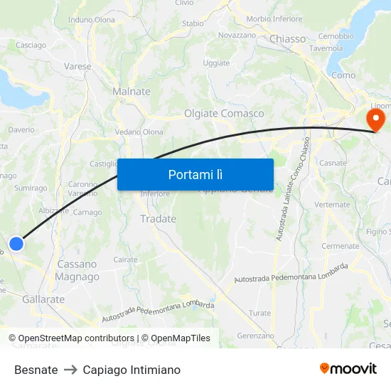 Besnate to Capiago Intimiano map