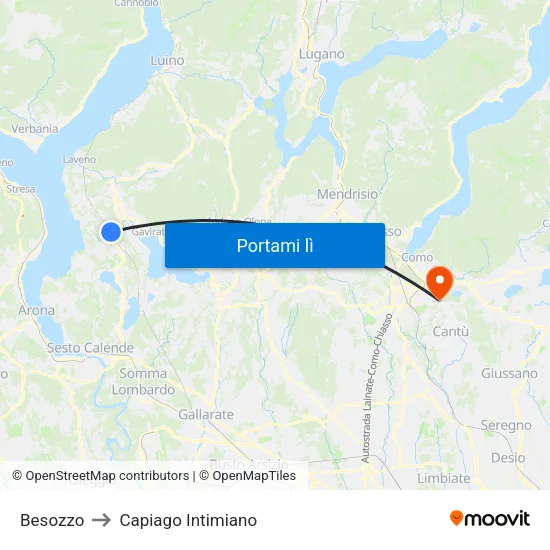 Besozzo to Capiago Intimiano map