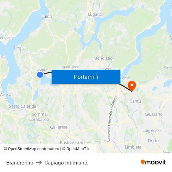 Biandronno to Capiago Intimiano map