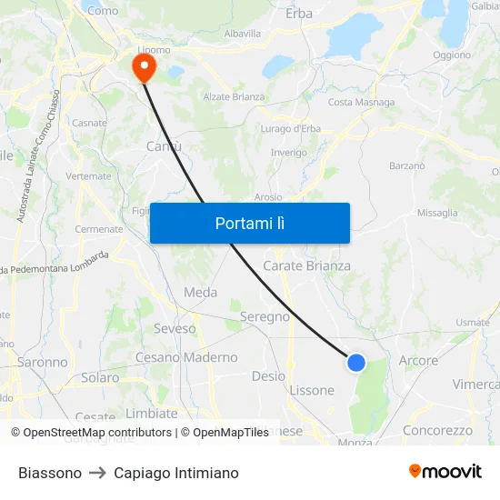 Biassono to Capiago Intimiano map
