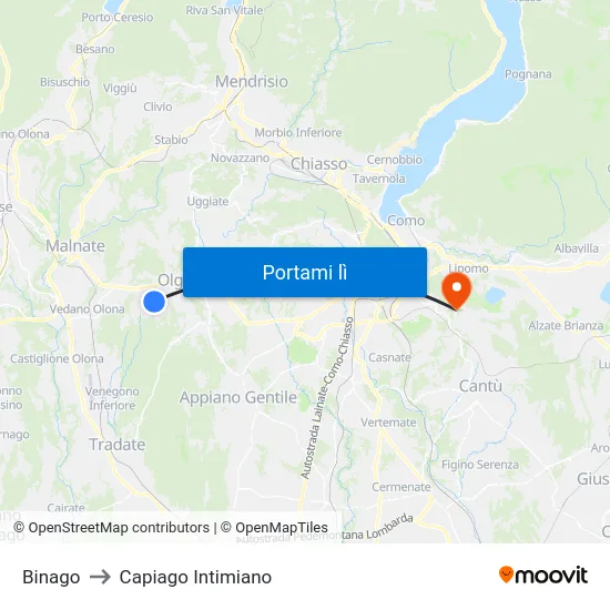 Binago to Capiago Intimiano map